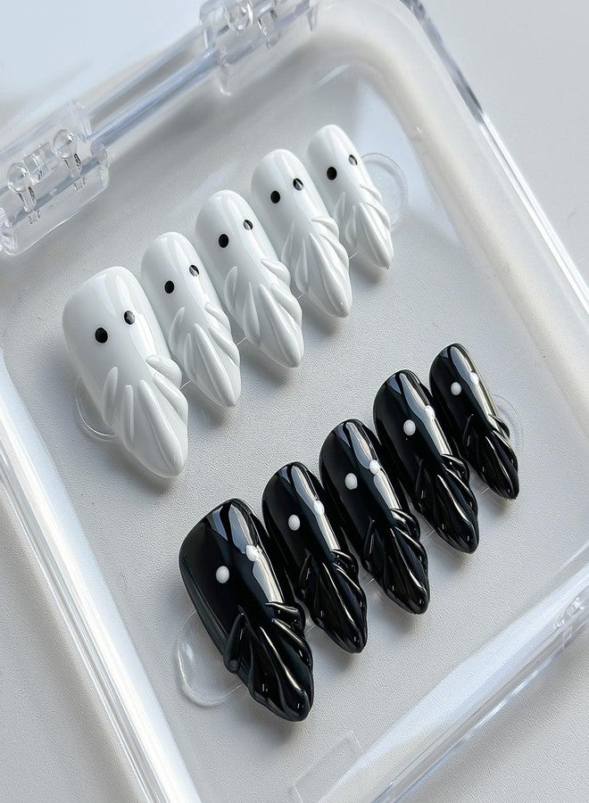 MABKJLF Halloween Luxury Press on Nails Long Almond Handmade 3D Unique Reusable ABS Material Fake Nails Black&White False Nails with Ghost Designs Cute Glossy Glue on Nail Thick Acrylic Nail(S) - Image 1